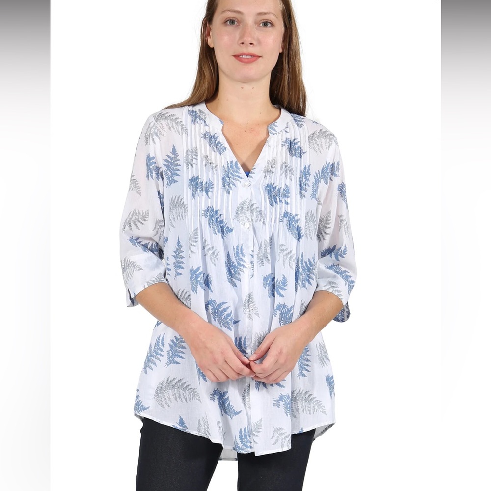La Cera Leaf Floral Print Cotton Pleated Lightweight Button Down Tunic Top NWT M